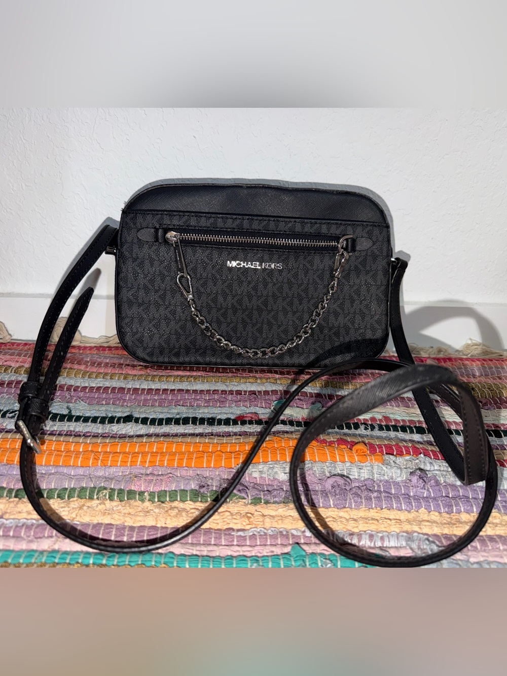 Michael Kors Black Logo Crossbody with Chain Detail